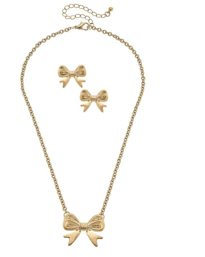 Front of a size O/S Women'S Stephanie Bow Earring And Necklace Set in Gold in Gold by CANVAS Style. | dia_product_style_image_id:331420